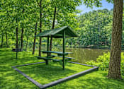 Thumbnail 4 of 14 - A picnic table is surrounded by a fence in a grassy area.