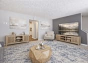 Thumbnail 9 of 14 - A living room with a blue carpet and a painting on the wall.