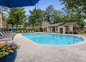 Thumbnail 4 of 16 - A swimming pool surrounded by lounge chairs and trees.