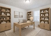 Thumbnail 11 of 15 - A room with a desk, chairs, and shelves filled with various items at Emerald Pointe, Riverdale, GA