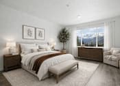 Thumbnail 11 of 16 - A bedroom with a large bed, a chair, and a mountain view through the window.