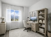 Thumbnail 13 of 16 - A room with a desk, chair, and a window with a view of the mountains.