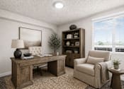 Thumbnail 16 of 26 - Home office with rustic wood desk and chair at Park Station Apartments, Midvale, Utah
