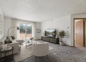 Thumbnail 15 of 23 - A modern living room with a grey carpet and a white sofa.