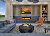 Thumbnail 2 of 40 - Modern living room with fireplace and built in shelving at Prosper West Apartments, Waite Park, 56387
