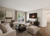 Thumbnail 12 of 21 - Living room with fireplace and neutral furnishings at Northview Park Apartments, Sterling Heights, Michigan