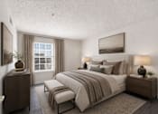Thumbnail 17 of 17 - A bedroom with a large bed, a nightstand, and a window with curtains.
