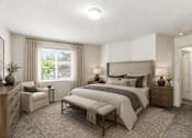 Thumbnail 13 of 16 - A bedroom with a large bed and a window with curtains at Slate Canyon Apartments, Utah