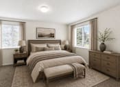 Thumbnail 11 of 16 - A bedroom with a large bed, a nightstand, and a dresser at Slate Canyon Apartments, Apartments, Provo, UT