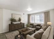 Thumbnail 7 of 16 - A living room with a brown couch, a wooden coffee table, and a painting on the wall at Slate Canyon Apartments, Provo, 84606