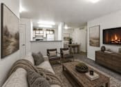 Thumbnail 6 of 16 - A living room with a grey couch and a fireplace at Slate Canyon Apartments, Provo, Utah