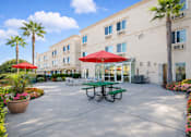 Thumbnail 3 of 8 - A sunny day at the outdoor seating area of a building with tables and chairs.