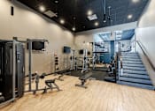 Thumbnail 22 of 24 - A gym with a variety of equipment including a treadmill, weights, and a bench press.