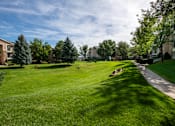 Thumbnail 2 of 7 - A grassy field with a walking path and trees in the background.