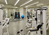 Thumbnail 24 of 40 - A gym with a variety of equipment including a blue medicine ball.