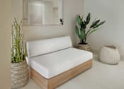 Thumbnail 21 of 40 - A white sofa with wooden frame and a potted plant beside it.