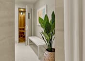 Thumbnail 22 of 40 - A room with a plant, a bench and a door.