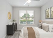 Thumbnail 7 of 54 - a bedroom with a large window and a ceiling fan at Two Addison Place Apartments, Pooler, GA, 31322