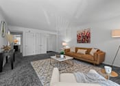 Thumbnail 11 of 20 - A living room with a couch, a coffee table, and a rug.