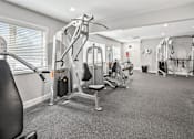 Thumbnail 15 of 20 - a gym with cardio machines and weights in a room with a window at McDonogh Township Apartments, Maryland