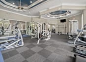 Thumbnail 34 of 42 - A gym with a variety of equipment including treadmills, weights, and exercise machines at The Grand Reserve at Tampa Palms Apartments, Tampa, FL