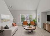 Thumbnail 8 of 41 - a living room with a white couch and a coffee table in front of a large window at Fortress Grove, Murfreesboro