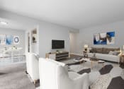 Thumbnail 8 of 31 - a living room with white couches and chairs and a large rug at Padonia Village Apartments, Timonium MD