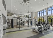 Thumbnail 19 of 38 - a gym with treadmills and weights in a building with large windows at Central Island Square, Daniel Island, South Carolina