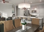 Thumbnail 11 of 33 - Dining room with table looking into kitchen at St Mary's Square North Apartments, Raleigh