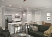 Thumbnail 8 of 33 - Open living room and kitchen with island at St Mary's Square North Apartments, Raleigh, NC, 27605