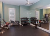 Thumbnail 20 of 36 - a home gym with exercise equipment and a wall of dumbbells