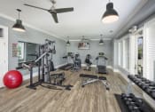 Thumbnail 32 of 50 - a gym with weights and cardio machines and a ceiling fan