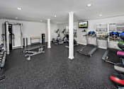 Thumbnail 17 of 46 - a gym with cardio equipment and weights on the floor