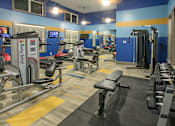 Thumbnail 29 of 91 - A gym with a variety of equipment including treadmills, weights, and exercise machines.
