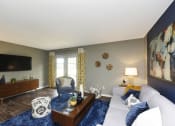 Thumbnail 16 of 39 - Vestavia Townhomes - MarQ Vestavia - Living Room With Chair, Couch, Modern Decor, TV, Wood-Style Flooring, Area Rug, Long Coffee Table, And French Windows