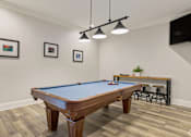 Thumbnail 19 of 35 - A pool table in a room with a bar stool and a TV.