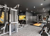 Thumbnail 52 of 81 - A gym with a variety of equipment including weights and machines.