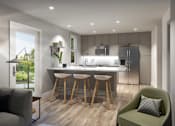 Thumbnail 6 of 11 - A modern kitchen with a bar stool and a green armchair.