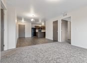 Thumbnail 40 of 50 - A spacious living room with a grey carpet and a kitchen area in the background.