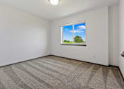 Thumbnail 15 of 57 - A room with a carpeted floor and a window showing a green tree and blue sky.
