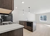 Thumbnail 26 of 68 - A modern kitchen with a black stove top oven and a black dishwasher.