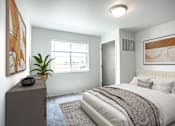 Thumbnail 3 of 21 - A bedroom with a large bed and a painting on the wall.