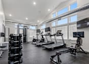 Thumbnail 5 of 50 - A spacious gym with a variety of equipment including treadmills, weights, and a rowing machine.