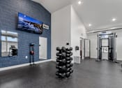 Thumbnail 48 of 50 - A gym with a television on the wall and various exercise equipment.