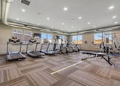 Thumbnail 9 of 59 - A gym with treadmills, elliptical machines, and weights.