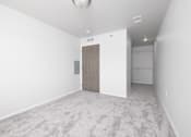 Thumbnail 16 of 16 - A room with a carpeted floor and a wooden door.