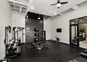 Thumbnail 11 of 42 - A black and white gym with a variety of equipment.
