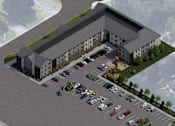 Thumbnail 4 of 4 - A 3D rendered image of a parking lot in front of a building.