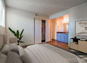 Thumbnail 6 of 13 - A bedroom with a large bed and a plant in a vase.
