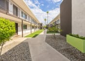 Thumbnail 22 of 23 - a courtyard between two buildings with grass and plants on the side of it